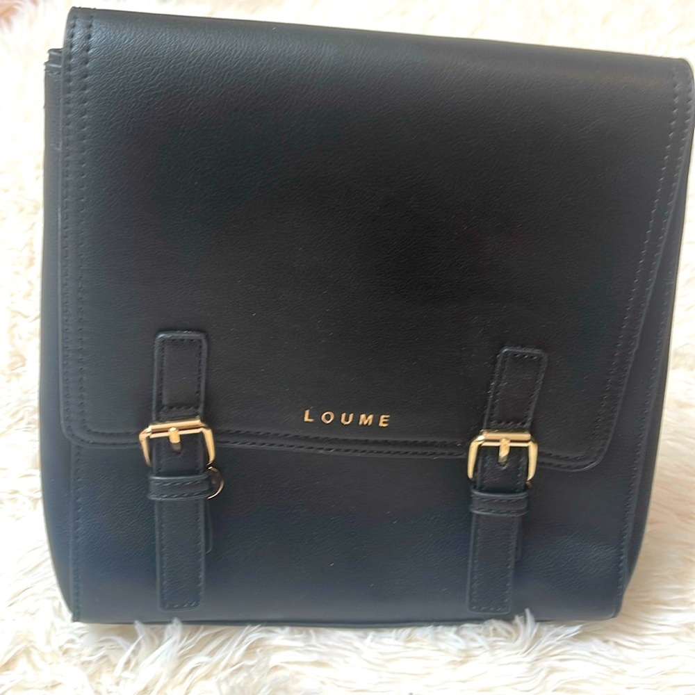 LOUME Black Faux Leather Backpack with Gold Buckle Accents Vintage